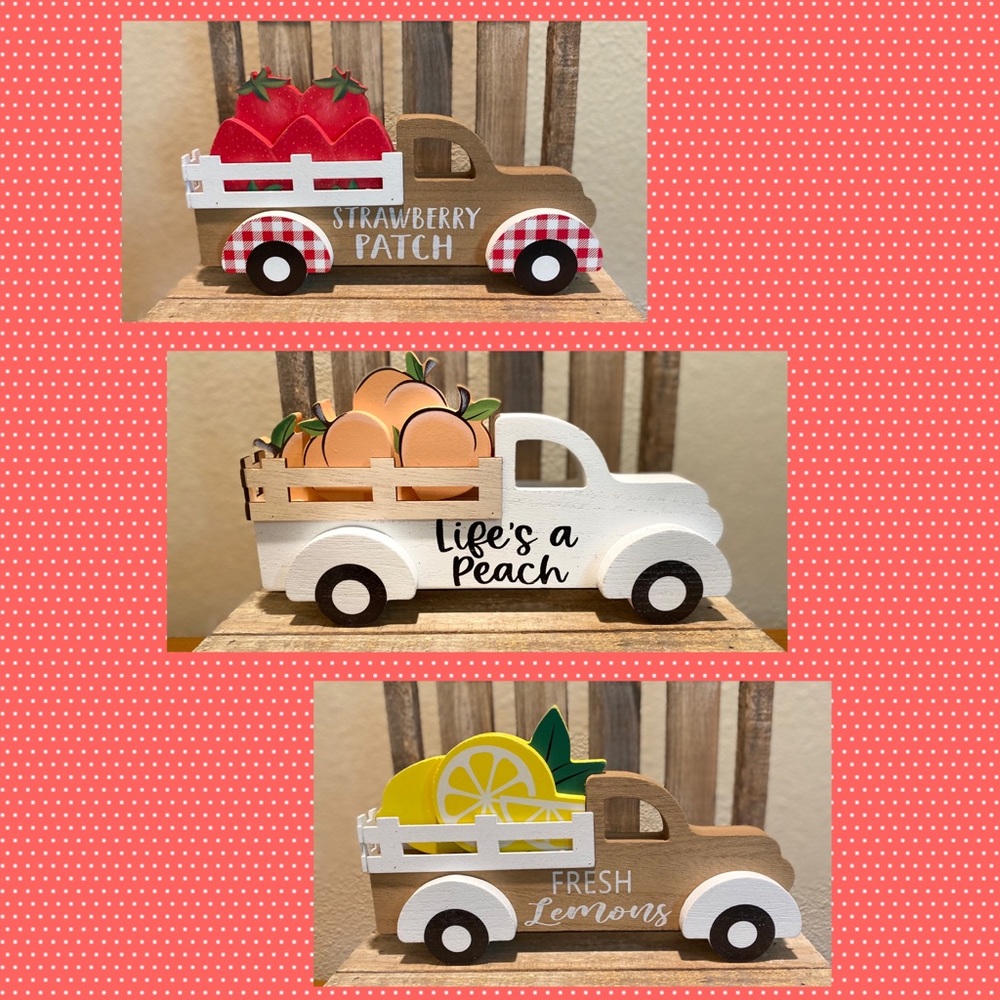 Citrus Fruit Wood Truck Decor Set of 3, Lemon Truck Peach Truck Strawberry Truck